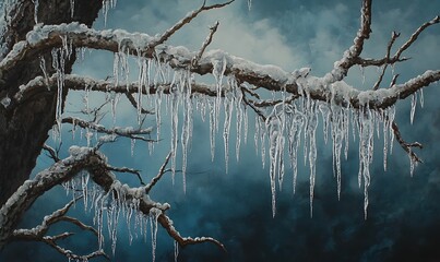 Sticker - A Branch Covered in Icicles Against a Cloudy Blue Sky