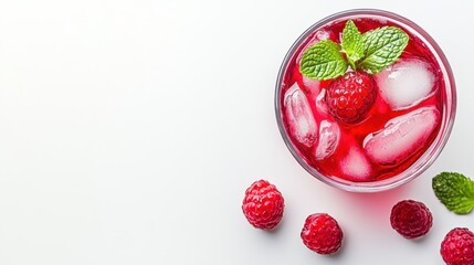 a close up of a glass filled with ice and raspberries, ai