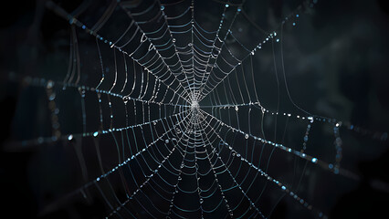  abstract background of an intricate spider web with delicate, shimmering silver threads against a dark, misty backdrop