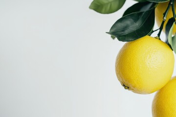 Wall Mural - Fresh lemons with leaves on white background