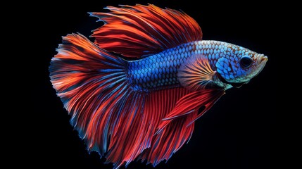 Poster - Detailed shot of a Betta fish with elaborate fins and vivid hues, showcasing its intricate patterns and elegant movement in a crystal-clear tank.
