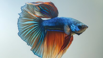 Poster - Detailed shot of a Betta fish with striking metallic colors and intricate fin details, set against a simple, light-colored background to highlight its beauty.