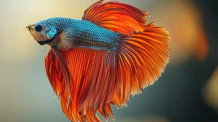 Poster - Detailed shot of a Betta fish with striking metallic colors and intricate fin details, set against a simple, light-colored background to highlight its beauty.
