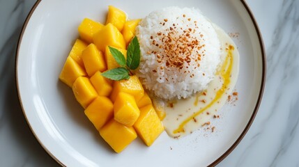 Plate of sticky rice with mango and coconut milk.