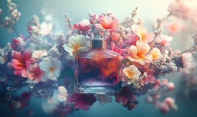 Sticker - A Glass Bottle of Perfume Surrounded by Delicate Flowers