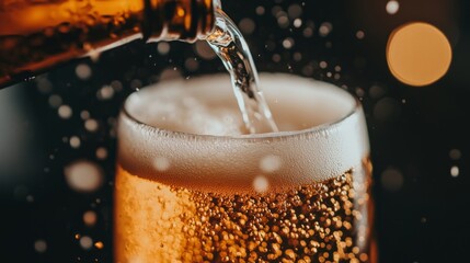 Poster - Detailed shot of a chilled beer bottle being opened, with the focus on the bubbles rising and the refreshing pour into a glass.