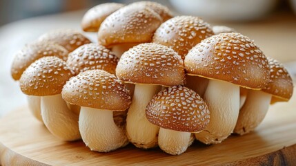 Aufkleber - Detailed shot of a cluster of shiitake mushrooms on a wooden cutting board, emphasizing their distinctive, glossy caps and the fine details of their stems.