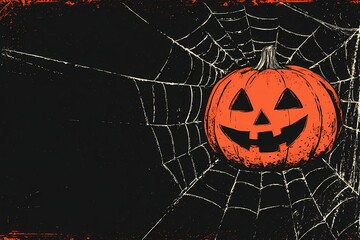 Pumpkin with scary smiling face in spider web on black background. Carved Jack o lantern pumpkin. Retro grunge style. Happy Halloween. Border with copy space for design card, banner, invitation