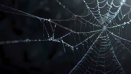  abstract background of an intricate spider web with delicate, shimmering silver threads against a dark, misty backdrop