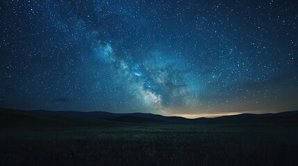 Poster -   A field of rolling hills is illuminated by the Milky Way and a star-filled sky above it