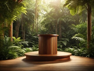 Canvas Print - Wooden podium in tropical forest for product presentation