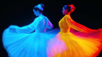 Flamenco dancers in a dramatic pose under vivid festival lights, emphasizing movement, tradition, and cultural vibrancy