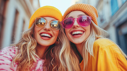 Sticker - Two women wearing sunglasses and hats are smiling at the camera