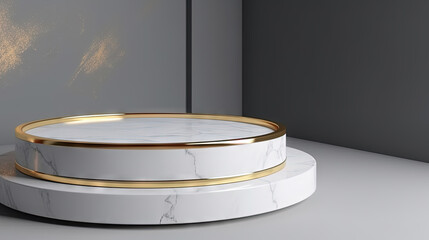 Poster - White marble pedestal with gold in the studio room, mockup stand for presentation.