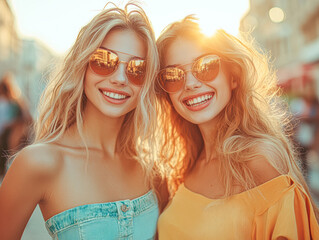 Sticker - Two women wearing sunglasses and smiling for the camera