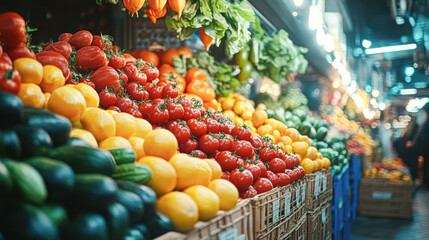 Sticker - A fruit and vegetable market with a variety of produce including tomatoes