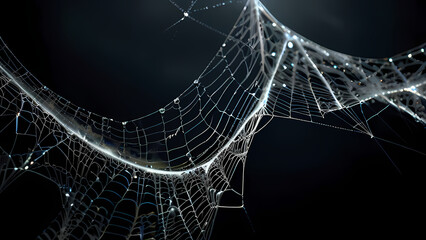  abstract background of an intricate spider web with delicate, shimmering silver threads against a dark, misty backdrop