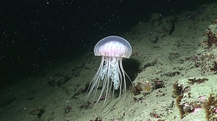 Poster -   A jellyfish swims in the water near the shoreline of a coral reef in the waters off the coast of Puerto Rico