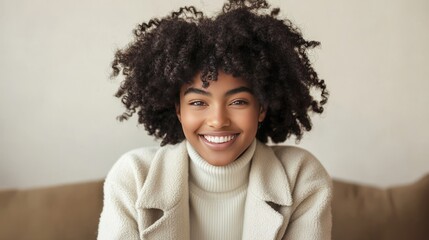 Wall Mural - Portrait of a smiling young woman with curly hair.