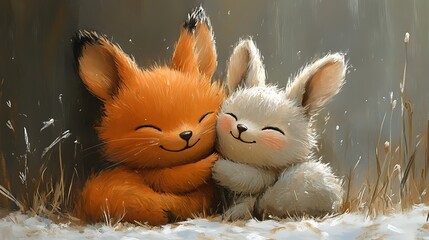 Wall Mural - A fox and a rabbit are smiling and hugging in the snow.