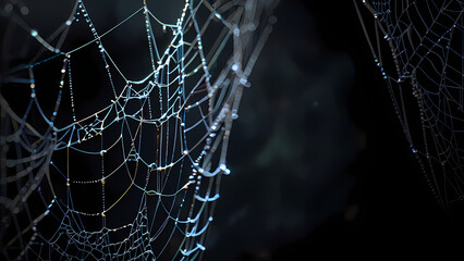  abstract background of an intricate spider web with delicate, shimmering silver threads against a dark, misty backdrop