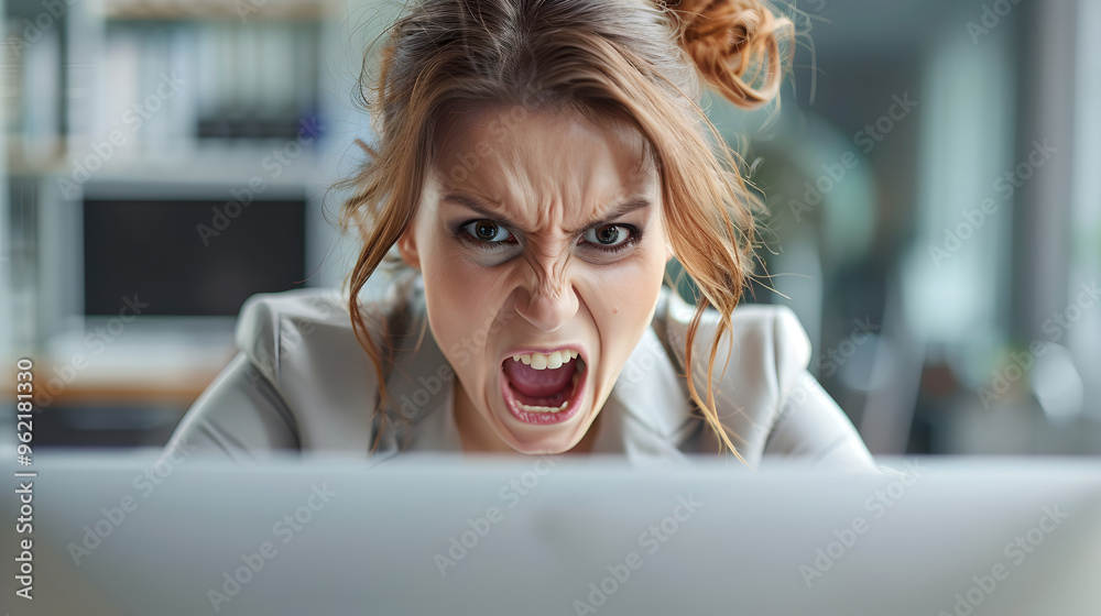 The Office Computer Rage blonde female office worker yelling at screen, experiencing computer ...