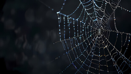  abstract background of an intricate spider web with delicate, shimmering silver threads against a dark, misty backdrop