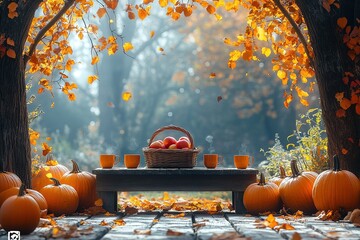 Wall Mural - Autumn nature concept. Fall pumpkins and apples on wooden rustic table. Thanksgiving dinner