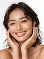 Wall Mural - smiling elegant chinese woman with shoulder length hair, professional makeup, flawless skin, posing her arms gently touching her face.