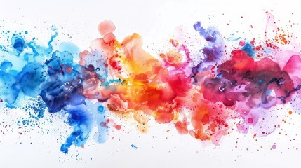 Wall Mural - abstract watercolor paint splatters in blue, purple, orange, red, yellow, and pink, on a white backg