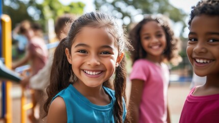 A group of smiling children from diverse backgrounds huddled together, representing friendship and diversity.