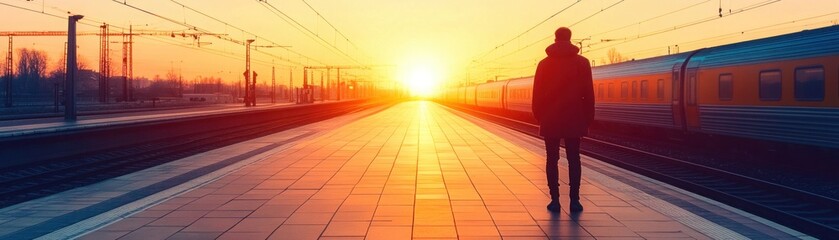 Wall Mural - person standing at a train station platform at dawn, ready to embark on a new adventure