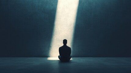 Wall Mural - silhouette of a person sitting alone, dark room with a single ray of light, 3d illustration