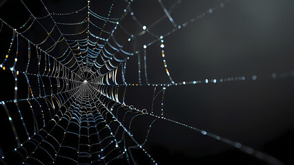  abstract background of an intricate spider web with delicate, shimmering silver threads against a dark, misty backdrop