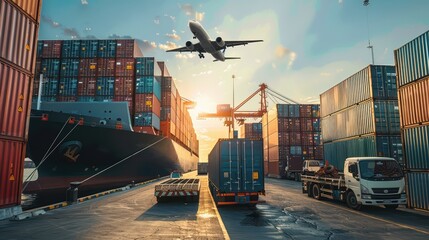 A bustling cargo port scene with shipping containers, a plane flying overhead, and vehicles for transporting goods.