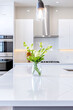 a sleek, modern white quartz countertop in the foreground and modern kitchen in the background, vertical