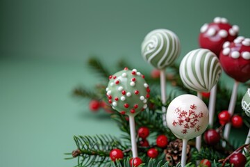 Wall Mural - Christmas cake pops on green background closeup with room for text