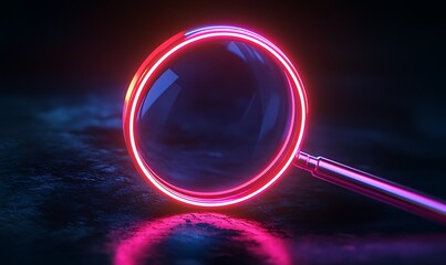 Poster - Glowing Neon Magnifying Glass on a Dark Surface