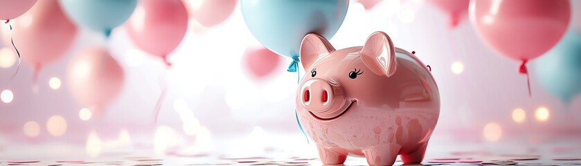 A cheerful piggy bank surrounded by colorful balloons, symbolizing savings, celebrations, and financial joy.