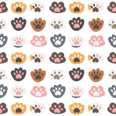 Seamless pattern with cute cat paws. Cat foot of different colors. For textiles, wrapping, cards, prints. On a transparent background. For pet shops, veterinary clinics, shelters, children.