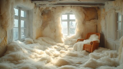 An old, abandoned room with a single chair covered in a thick layer of fluffy white material, possibly cotton or snow, with a window in the background, sunlight shining through the material.