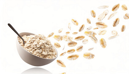 Flying raw oatmeal on white background