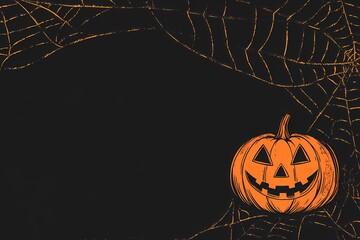 Pumpkin with scary smiling face in spider web on black background. Carved Jack o lantern pumpkin. Retro grunge style. Happy Halloween. Border with copy space for design card, banner, invitation