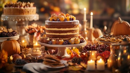 Wall Mural - An extravagant Thanksgiving dessert buffet with autumn cakes and pastries surrounded by candles in a warm atmosphere