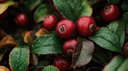 Poster -   A bush with red berries and green leaves is adorned with droplets of water on both the leaves and berries