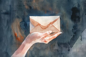 A hand elegantly holds an envelope in watercolor style, symbolizing communication and connection in a modern world.