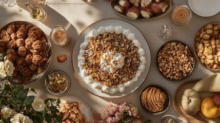 A table is elegantly set for Thanksgiving, featuring a stunning central dessert topped with whipped cream and granola