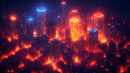 Wall Mural - Futuristic cityscape with glowing skyscrapers in red and blue hues.