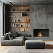 © Lens_Lore - Grey corner sofa against shelving wall unit and fireplace. Scandinavian loft home interior design of modern living room with concrete wall.