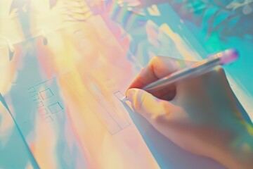 A hand writing on a colorful sheet with a pen, showcasing vibrant iridescent light reflections.